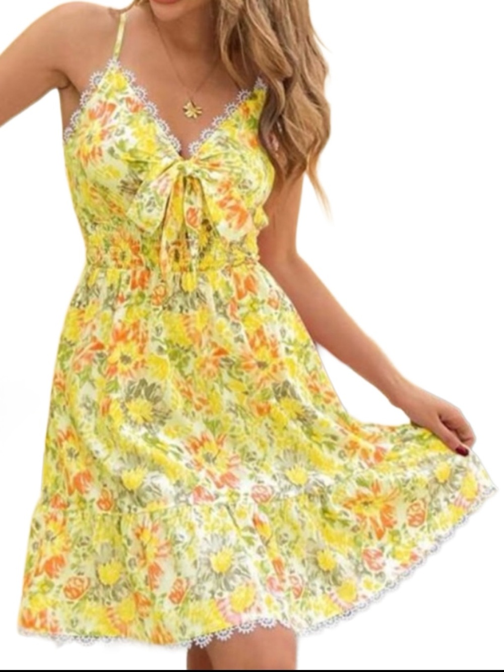 Retro 70s Floral Tie-Front Lace-Trim Cami Mini Dress Cottagecore Boho M NWOT